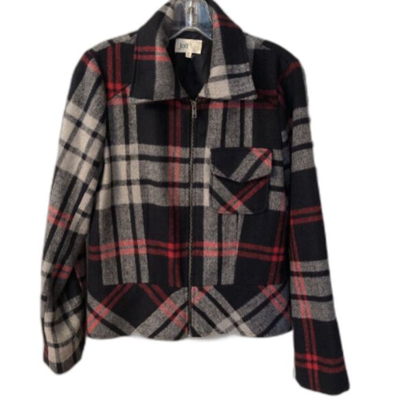 JOLT MEDIUM BLACK GREY PLAID WOOL FLANNEL ZIP FRONT JACKET PEPLUM CHEST POCKET - Picture 1 of 9